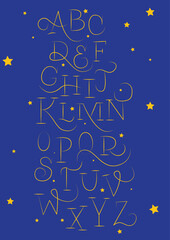 English ABC, magic alphabet, school, children, yellow and blue, stars, halloween party, banner for class