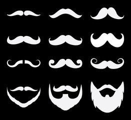 Set of mustache. Men's white beard collection on black background drawing by illustration