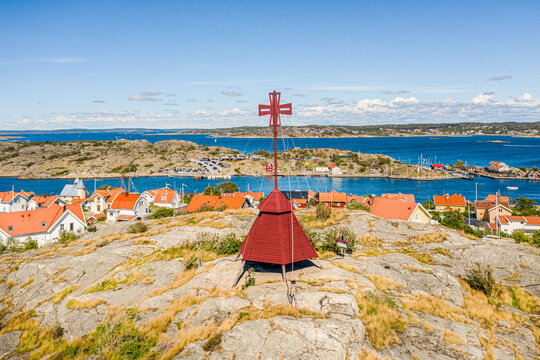 Aerial view of the watch tower B&aring;ken, overlooking the islands Kalvsund and Bj&ouml;rk&ouml;, Gothenburg archipelago, Kattagat, Sweden.