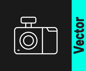 White line Photo camera icon isolated on black background. Foto camera icon. Vector.