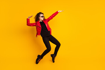 Fototapeta na wymiar Full size profile side photo of cool girl raise hands dance look copyspace isolated over bright color background