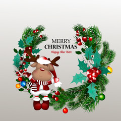 Deer in a winter Christmas background with snow. 