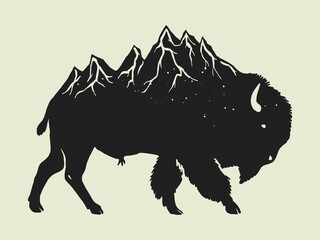 Bison with mountain range on its back. Traveling America nature parks isolated vector illustration. © Handdraw