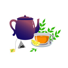 Teapot and a cup of tea. Celebration International Tea Day. Template for decor, congratulations, designs or logos. Vector illustration isolated on white background. 