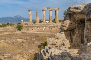 Ruins of the Temple of Apollo in Ancient Corinth, Peloponnese, Greece. For Christians, Corinth is...