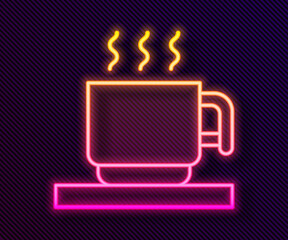 Glowing neon line Hot chocolate cup with marshmallows icon isolated on black background. Merry Christmas and Happy New Year. Vector.