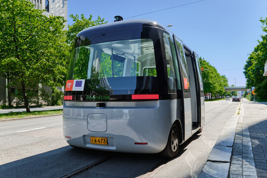 Helsinki, Finland - June 12, 2020: The FABULOS Project - testing self-driving bus in city street in Pasila district.