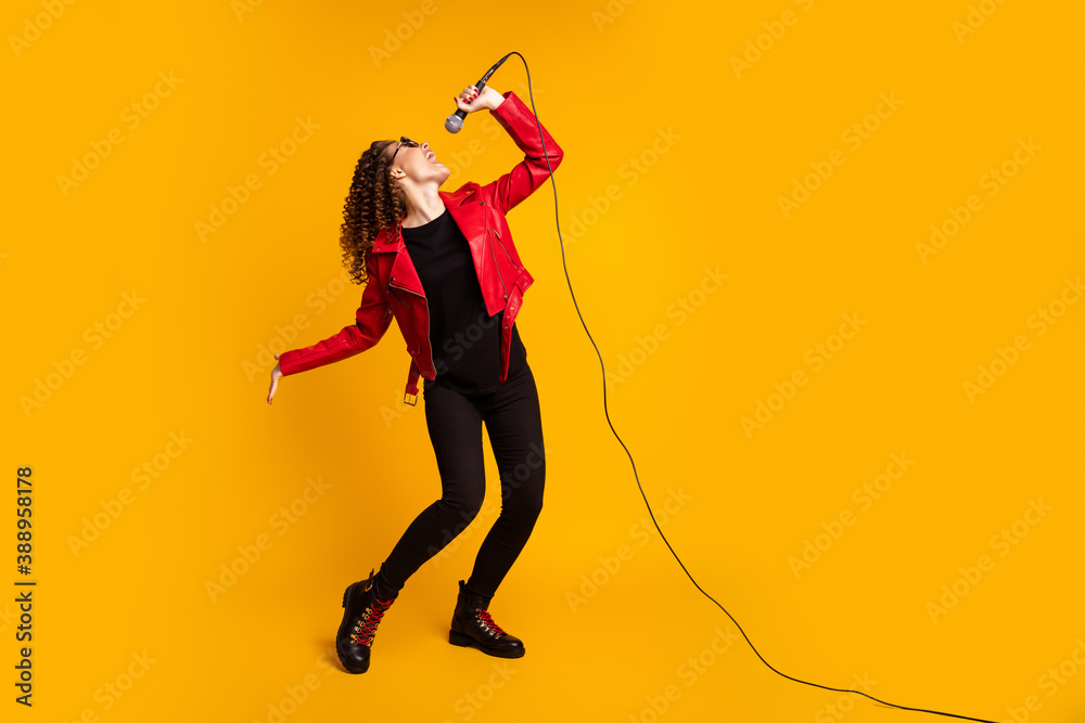 Poster full length body size view of talented cheerful wavy-haired girl musician singing hit isolated on br