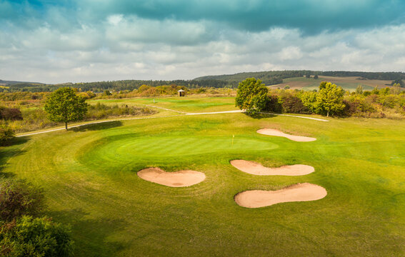 Aerial view of a golf course in autumn , H&uuml;nfeld, Germany.