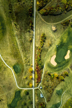 Aerial view of a golf course in autumn, H&uuml;nfeld, Germany.