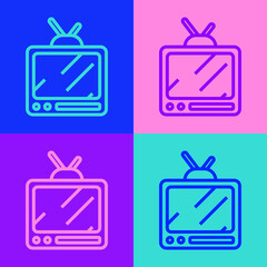 Pop art line Retro tv icon isolated on color background. Television sign. Vector.