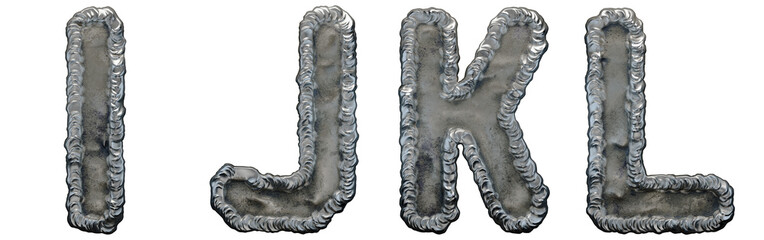 Set of capital letters I, J, K, L made of industrial metal isolated on white background. 3d