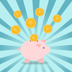 piggy bank and RMB coins on radial stripes background