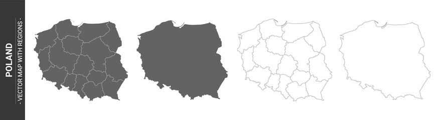4 vector political maps of Poland with regions on white background	