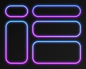 Neon gradient frames set, collection of blue-purple glowing rounded rectangle borders isolated on a dark background. Colorful night banners, bright illuminated shapes, retro style vector light effect.