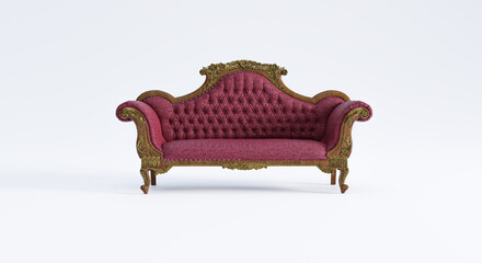 Möbel: alte Barock Couch, Sofa oder Liege mit Ornamenten als Verzierung in einem weißen Raum - obrazy, fototapety, plakaty