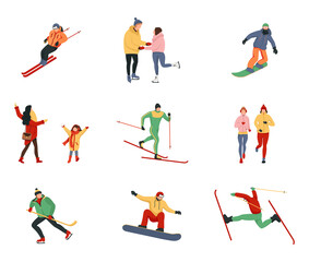Fototapeta na wymiar Collection of women and men performing winter activities skiing, snowboarding, ice skating, mountaineering. Outerwear skiing, ice skating, snowboarding, playing hockey.