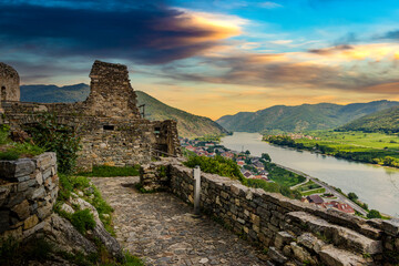 Autumn vineyards under old ruin of Hinterhaus castle in Spitz. Wachau valley. Lower Austria.