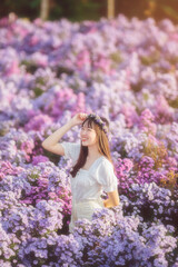 Fototapeta na wymiar Beautiful Asian woman wear white dress walking in margaret flowers garden.