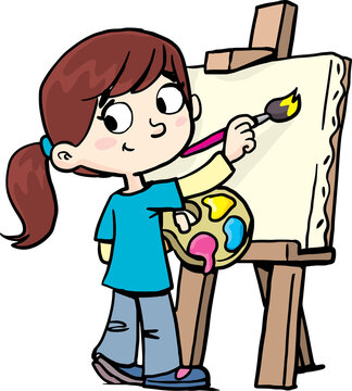 girl painting with a brush and paints on a palette in front of an easel