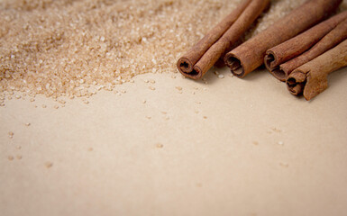Cinnamon sticks with brown sugar on light background with blank text space