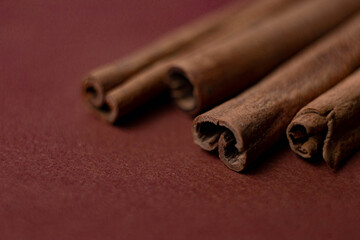 Cinnamon sticks on dark red background with blank text space close-up