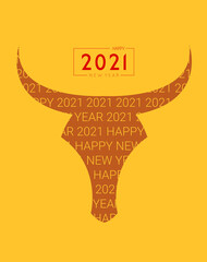 Bull logo 2021 New Year. Vector stock illustration. Christmas card.