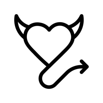 Vector flat style illustration of heart shape with devil horns and tail - sexy love icon isolated on white background