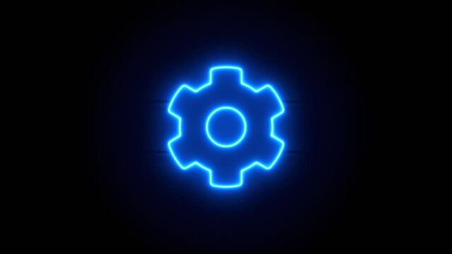 Cog Wheel neon sign appear in center and disappear after some time. Animated blue neon symbol on black background. Looped animation.