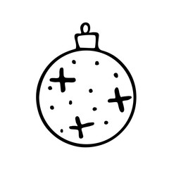 Vector Christmas outline tree ball. Element of New year and xmas design in doodle style, isolated. Simple hand drawn illustration for greeting cards, calendars, prints, childrens coloring book