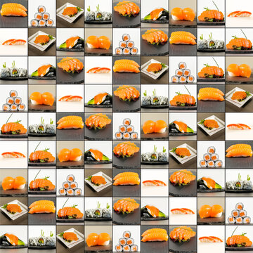 Collage picture of sushi set. Set in Japanese dish. Food menu sushi. Japanese sushi food. Maki ands rolls with tuna.