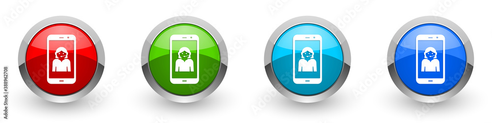 Poster online customer service in smartphone, silver metallic glossy icons, set of modern design buttons fo