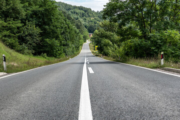 Summer country road with trees beside. Rural environment road. Nature road. Asphalt road.