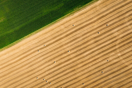 Abstract aerial view of straw bales in field in Schernberg, Germany.