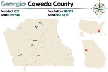 Large and detailed map of Coweda county in Georgia, USA.