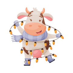 Cute cartoon cow character tangled in a garland of light bulbs. Chinese New year of the zodiac ox cow. Vector illustration.