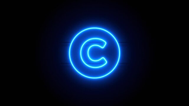 Copyright neon sign appear in center and disappear after some time. Animated blue neon symbol on black background. Looped animation.