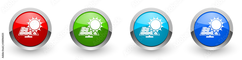 Poster sun over solar panel silver metallic glossy icons, set of modern design buttons for web, internet an