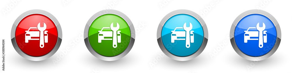Leinwandbilder Auto service silver metallic glossy icons, set of modern design buttons for web, internet and mobile applications in four colors options isolated on white background