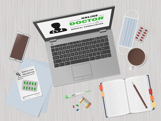 Telemedicine. Medical consultation, online doctor, online medicine technology. Service for remote diagnostic. Laptop with facial mask, pills, thermometer, prescription. Health care Vector illustration