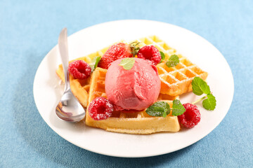 waffle with raspberries fruits and ice cream