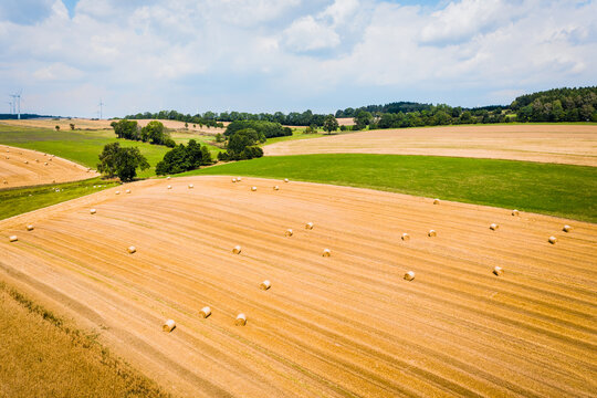 Aerial view of straw bales in field in Chemnitz, Germany.