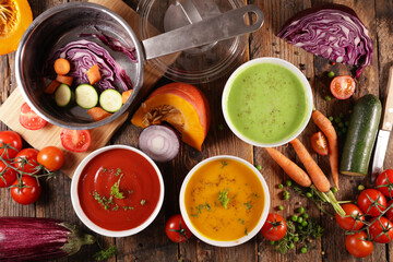 assorted of colored vegetable soup- tomato, pumpkin and zucchini soup