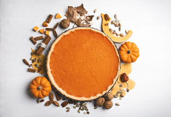 Flat lay composition with delicious homemade pumpkin pie on white wooden table