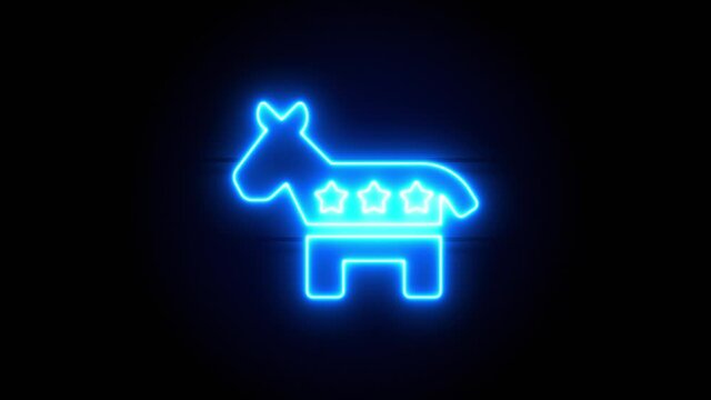 Democrat neon sign appear in center and disappear after some time. Animated blue neon symbol on black background. Looped animation.