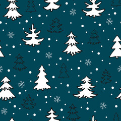 Fototapeta premium Seamless pattern with hand drawn Christmas trees, snowflakes on a navy blue background. Doodle sketch, black outline and white silhouette. Vector for New year design, woodland, fir, pine illustration.