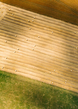 Abstract aerial view of straw bales in field in Chemnitz, Germany.