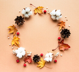Autumn decoration with cotton flowers and dry leaves
