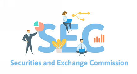 SEC, Securities and Exchange Commission. Concept with keywords, people and icons. Flat vector illustration. Isolated on white background.