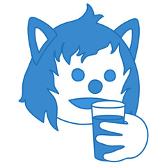 thirsty curly emoticon holding a glass of water he's going to drink, simplistic facial expression vector illustration, wolf cartoon character, simple hand drawn line icon from a set